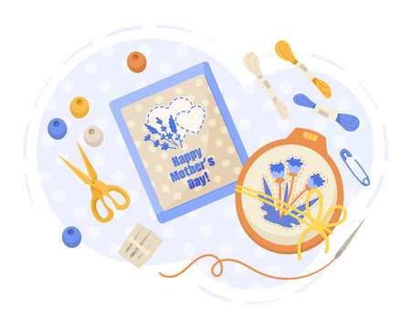 Handmade gift and postcard for Mothers Day vector illustration. Scissors, needles, mouline threads and materials for preparing present. Mothers day celebration, childrens love concept.のイラスト素材