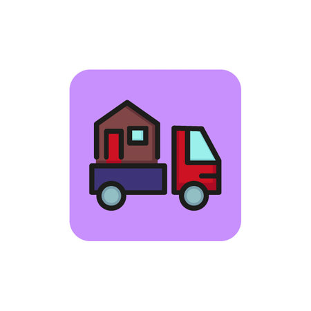 Line icon of truck carrying house. Moving home, relocation, courier. Delivery concept. Can be used for topics like transportation, housing, serviceのイラスト素材