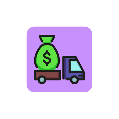 Icon of moving money. Truck, sack of cash, riding. Transfer concept. Can be used for topics like illegal activity, cash delivery, crimeのイラスト素材