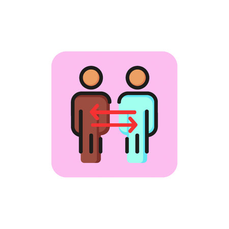 Line icon of two people with arrows. User connection, exchange of experience, friendship. Communication concept. For topics like business, relationship, internetのイラスト素材