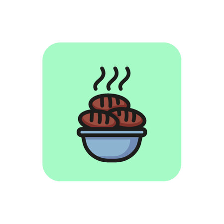 Line icon of bowl with hot patties. Zrazy, cutlets, homemade meal. Dish concept. For topics like food, menu, cookingのイラスト素材