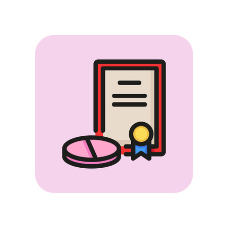 Quality certificate of pill line icon. Diploma, drug, approved. Certification concept. Vector illustration can be used for topics like pharmacy, discovery, healthcareのイラスト素材