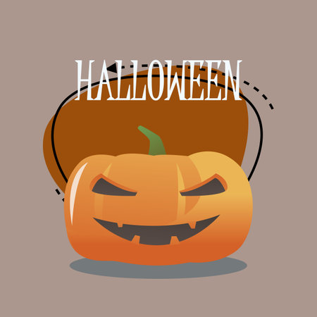 Halloween lettering with pumpkin lantern smiling angrily. Typed text, calligraphy. Autumn, party, celebration concept. Vector illustration can be used for banner, poster, greeting cardsのイラスト素材