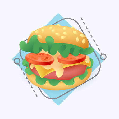 3d cartoon style delicious burger icon on white background. Hamburger or cheeseburger with fresh vegetables flat vector illustration. Fast or junk food, unhealthy diet conceptのイラスト素材