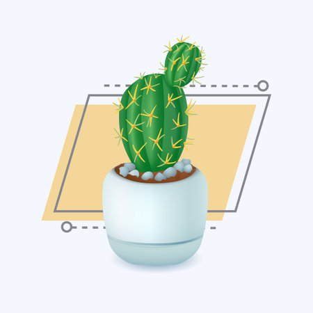 3d cartoon style cactus with thorns in pot icon. Houseplant, desert plant or cacti in flower pot flat vector illustration. Gardening, nature, foliage, growth, ecology conceptのイラスト素材