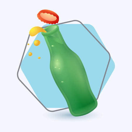 3d cartoon style green glass bottle with open flying cap icon. Bottle of beer, soda, refreshing lemonade or mineral water on white background flat vector illustration. Beverage, drink, pub conceptのイラスト素材