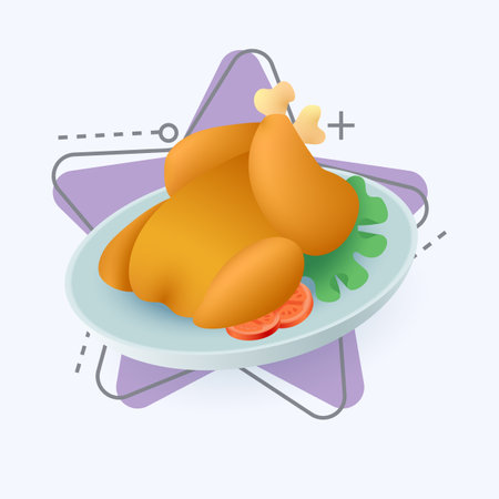 3d cartoon style fried chicken on plate icon. Roasted chicken with lettuce leaves and slices of tomatoes flat vector illustration. Food, poultry, restaurant, dinner conceptのイラスト素材