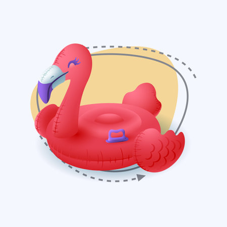 3d cartoon style inflatable flamingo icon on white background. Pink tropical bird swimming pool ring for summer vacation flat vector illustration. Beach, ocean, sea, holiday conceptのイラスト素材