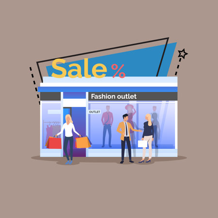 Woman carrying shopping bags flat vector illustration. People doing shopping in clothing store. Fashion outlet, boutique, special offer, sale concept for banner or web designのイラスト素材