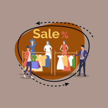 Woman with shopping bags in boutique vector illustration. Male assistant in suit offering clothes to female buyer on sale. Shopping, sale, special offer concept for banner or website designのイラスト素材