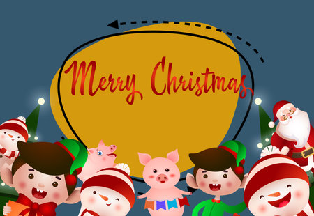 Christmas party flyer design. Cheerful snowmen, elves, Santa Claus and pigs celebrating Xmas on abstract background. Illustration can be used for greeting cards, banners, postersのイラスト素材