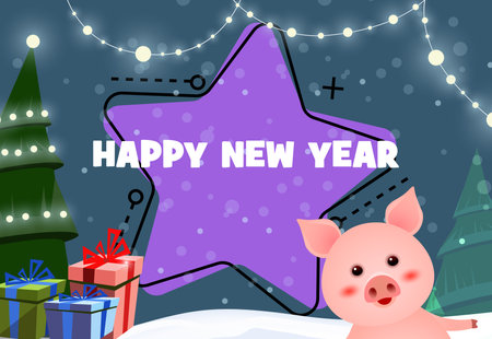 New Year festive poster design with cute piggy. Christmas tree, gifts and fairy lights on abstract background. Illustration can be used for banners, flyers, greeting cardsのイラスト素材