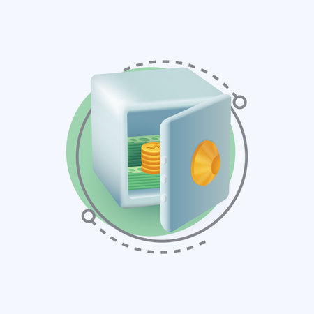 Gold coins and banknotes in vault 3d cartoon style icon. Safe deposit with opened door flat vector illustration. Cash or currency protection, safety, finance, wealth conceptのイラスト素材