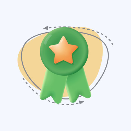 Green badge with gold star 3d cartoon style icon. Medal with ribbon, emblem or award for best product, high quality or service flat vector illustration. Success, rating system conceptのイラスト素材