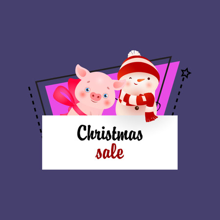 Christmas sale poster design with piglet and snowman. Creative calligraphy with cartoon characters of snowman and little pig on abstract background. Can be used for sales, advertising, shoppingのイラスト素材