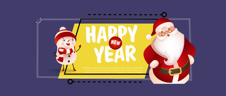 Happy New Year lettering with Santa Claus and snowman. New Year Day greeting card. Handwritten text, calligraphy. For leaflets, brochures, invitations, posters or banners.のイラスト素材