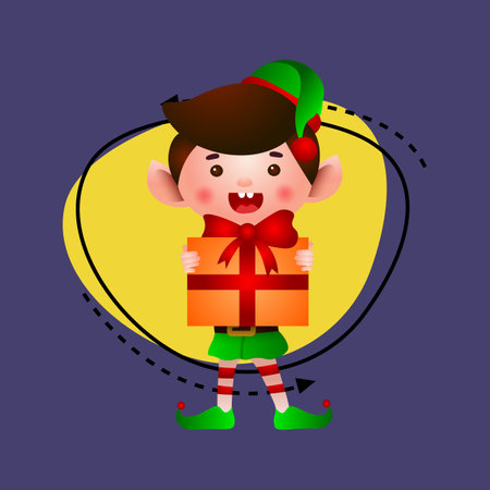 Happy elf holding Christmas present vector illustration. Christmas sale, special offer, surprise. Holiday concept. Can be used for greeting cards, invitations, posters, leaflets, brochureのイラスト素材