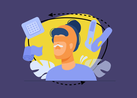 Woman with bandaged face vector illustration. Compression garments and nose bandages for patient to recover after plastic surgery. Health care, beauty correction conceptのイラスト素材