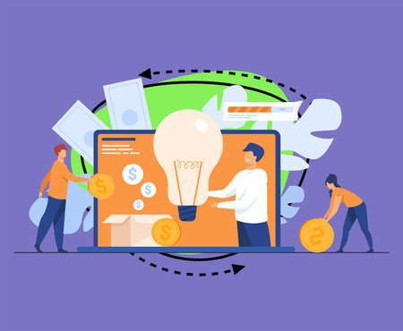 Investment and crowdfunding concept. People investing money to startup project, raising cash for donation on the internet. Vector illustration for cooperation, business, sponsor topicsのイラスト素材