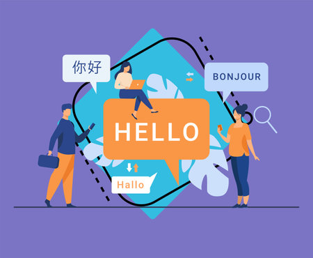 People using online translation app, translating words from foreign languages with mobile service. Can be used for international communication, travel abroad, learning conceptのイラスト素材