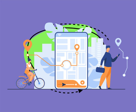 Tiny people using mobile application with map outdoors isolated flat vector illustration. Cartoon phone with navigation tracking app. Journey and technology conceptのイラスト素材