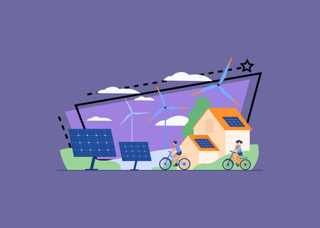 Active people on bikes, windmills and house with solar panel on rooftop flat vector illustration. Cartoon characters living healthy lifestyle. Renewable energy and smart technology conceptのイラスト素材