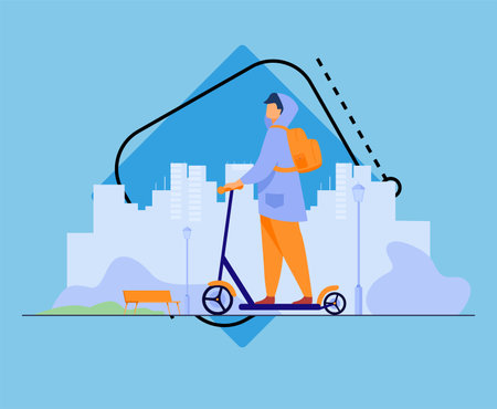 Young man riding electric scooter isolated flat vector illustration. Cartoon hipster riding along sidewalk in city park. Urban transportation and lifestyle conceptのイラスト素材