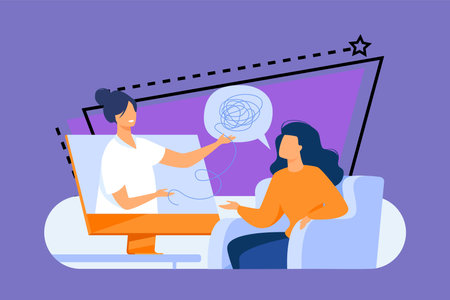 Woman consulting psychologist online. Doctor and patient discussing mental tangled rope, using computer for distance talk. Vector illustration for counseling, therapy, psychology, support concept.のイラスト素材