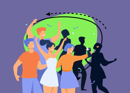 Happy young people taking selfie on smartphone while dancing and having fun at concert in night club. Vector illustration for party, entertainment, friends conceptのイラスト素材