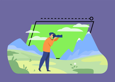 Happy travel photographer taking picture of nature isolated flat vector illustration. Cartoon character shooting mountains on camera. Photography and landscape conceptのイラスト素材