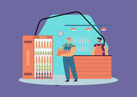 Deliveryman carrying crate of fresh beer in bottles. Smiling courier man holding stack of alcohol drinks in wooden box in alcohol market flat vector illustration. Delivery, brewery company conceptのイラスト素材