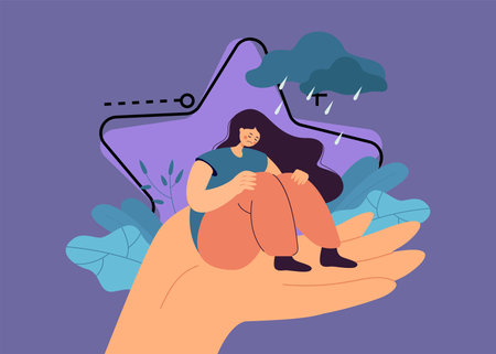 Lonely unhappy woman sitting on hand under rainy cloud of problems. Grief, sorrow, stress cartoon vector illustration. Psychological help, counselors support concept for banner and landing pageのイラスト素材