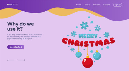 Merry Christmas festive design with baubles, snowflakes on purple background. Landing page template and sample text with decorations/ Vector can be used for online posters, bannersのイラスト素材