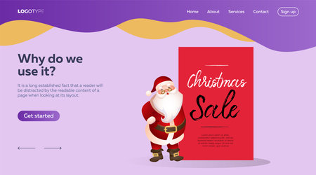 Santa Claus standing near Christmas Sale red banner. Landing page template design and sample text. Vector illustration can be used for sales, special offers and online shopsのイラスト素材