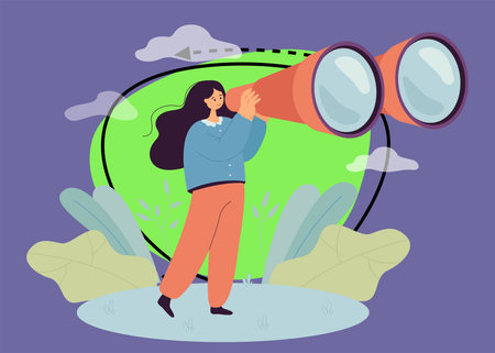 Tourist woman looking through big binocular device far ahead. Tiny female person traveling with field glasses flat vector illustration. Information search, travel conceptのイラスト素材