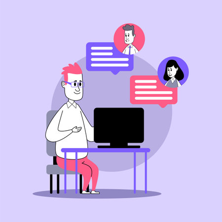 Man in glasses having video call with colleagues vector illustration. Manager discussing project with team. Business, video conference, teamwork, modern technology conceptのイラスト素材