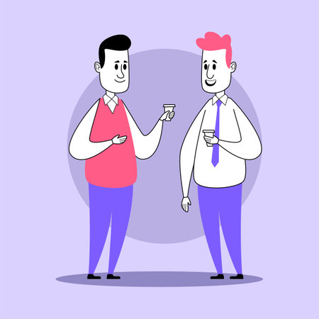 Two colleagues drinking coffee during coffee break vector illustration. Businessmen with coffee cup...