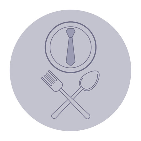 Icon of plate with tie motif, accompanied by fork and spoon crossed underneath. Dining concept in modern contextのイラスト素材