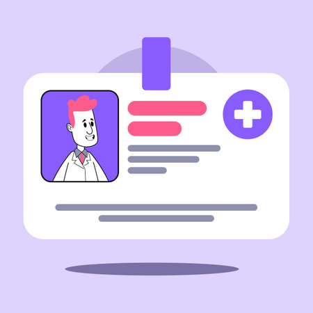 Health professional identification card with cartoon character. Identification and verification in medicine conceptのイラスト素材