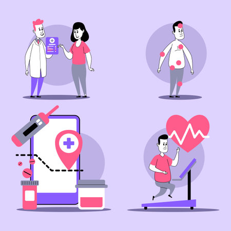 Set of health services, including consultation, health tracking, vaccination, and fitness activitiesのイラスト素材