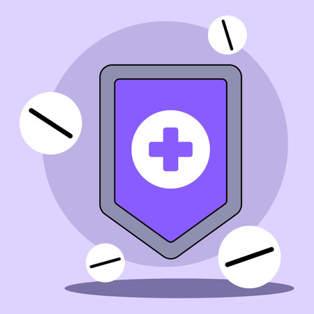 Shield symbol representing health. Shield with medical cross, surrounded by pillsのイラスト素材