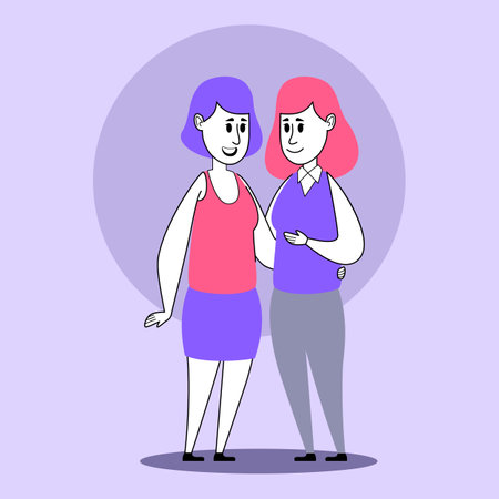 Two friends standing close together, smiling and conversing happily, both are dressed casuallyのイラスト素材