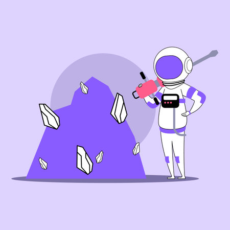Astronaut standing confidently beside vibrant purple mountain made of crystals, holding futuristic tool. Alien geology conceptのイラスト素材