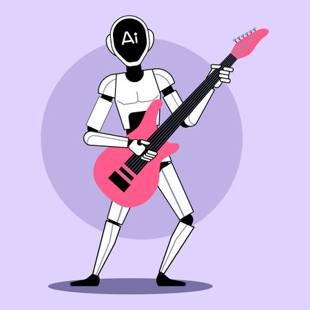 Futuristic robot labeled AI playing pink electric guitar against purple background. Integration of AI and music conceptのイラスト素材