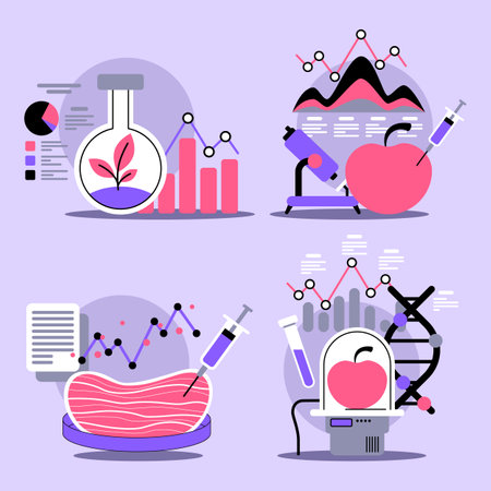 Biotechnology research conducted in lab, featuring charts, analysis tools, and experiments with plants and fruits. Advancements in science conceptのイラスト素材