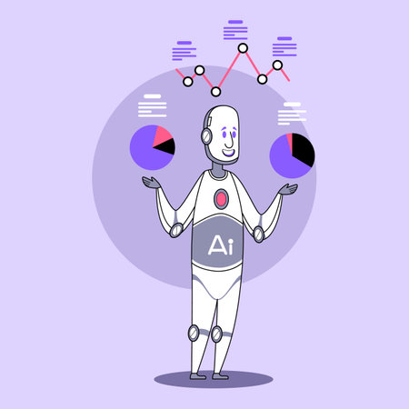 Humanoid robot with AI label balancing pie charts in each hand while analyzing various graphs displayed above. Tech vibe conceptのイラスト素材