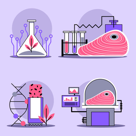 Innovative methods for creating lab-grown meat, highlighting bioreactors, genetic engineering, and scientific analysis. Sustainability in food production conceptのイラスト素材
