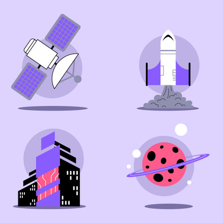 Collection of various aspects of space exploration, including satellite, rocket launch, futuristic...