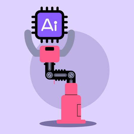 Colorful robotic arm extending chip labeled with AI. Technology advancement in artificial...