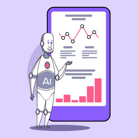 Robot character displaying graphs and data trends on large digital screen in modern, colorful setting. Technology and innovation conceptのイラスト素材